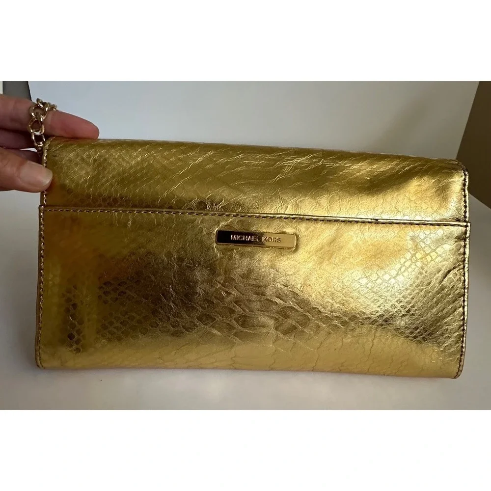 Michael Kors Gold Snakeskin Python Embossed‎ Studded Clutch Bag Small READ
